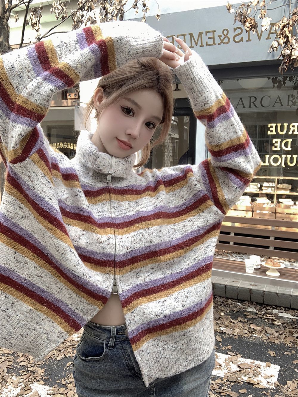 Sweater women's  autumn and winter new style American rainbow striped double-ended zipper loose slimming long-sleeved knitted cardigan