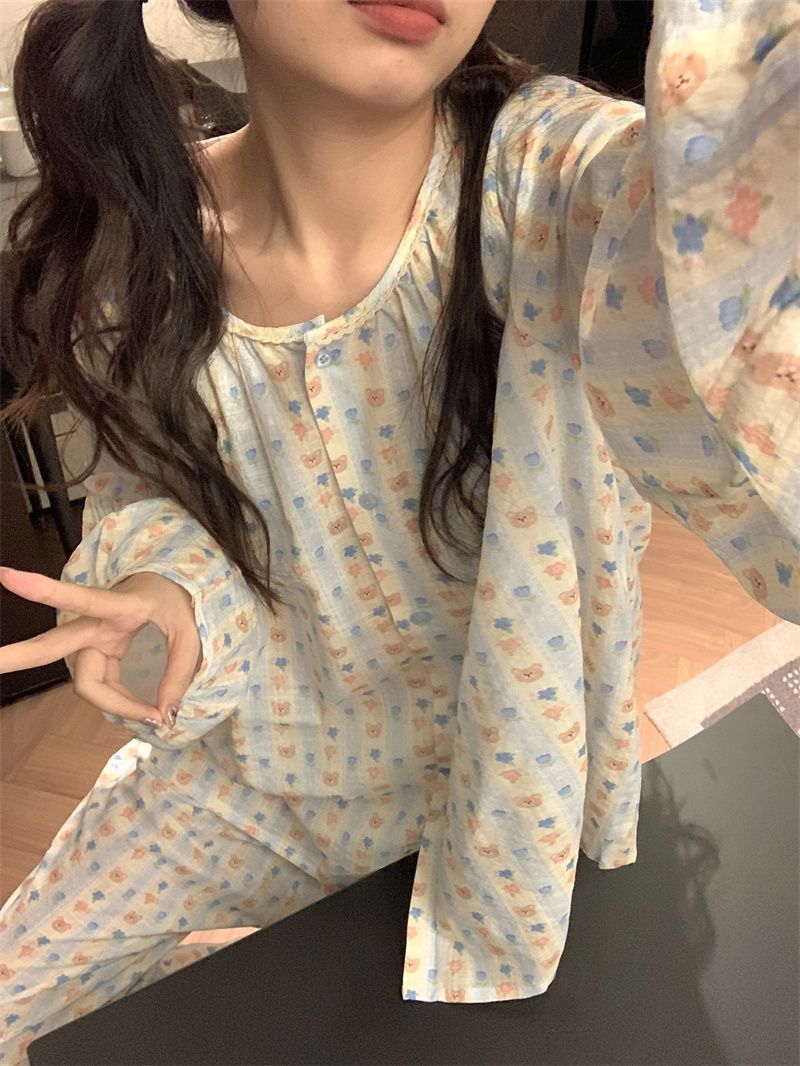 ins日系條紋小熊睡衣女春秋新款長袖長褲圓領學生居家服套裝外穿