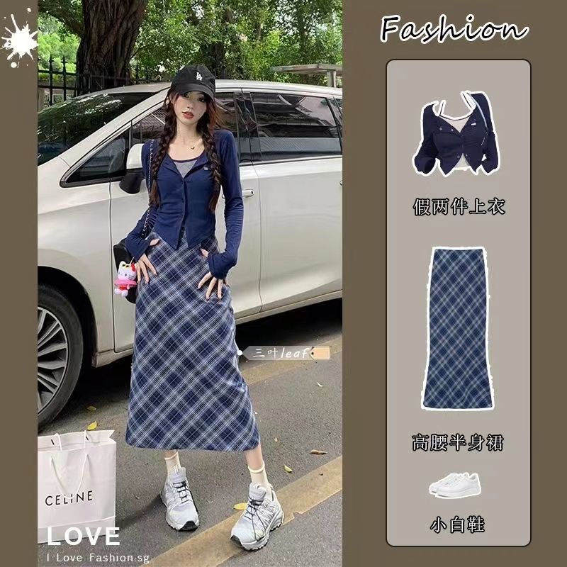 Hot girl fake two-piece long-sleeved T-shirt plaid skirt suit for women autumn high-waisted skirt two-piece short top