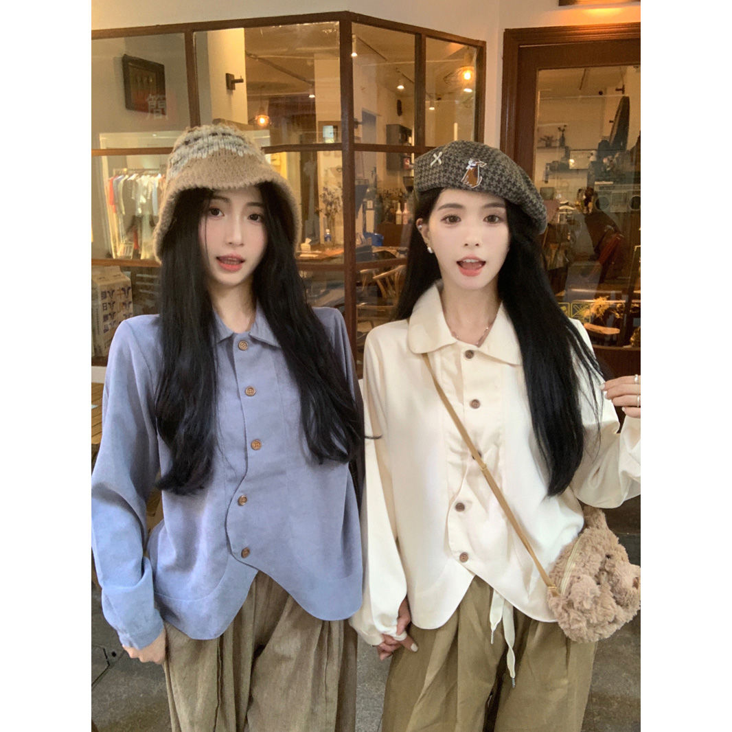 復古不規則磨毛長袖襯衫女裝秋季2023新款設計感小眾百搭短款上衣
