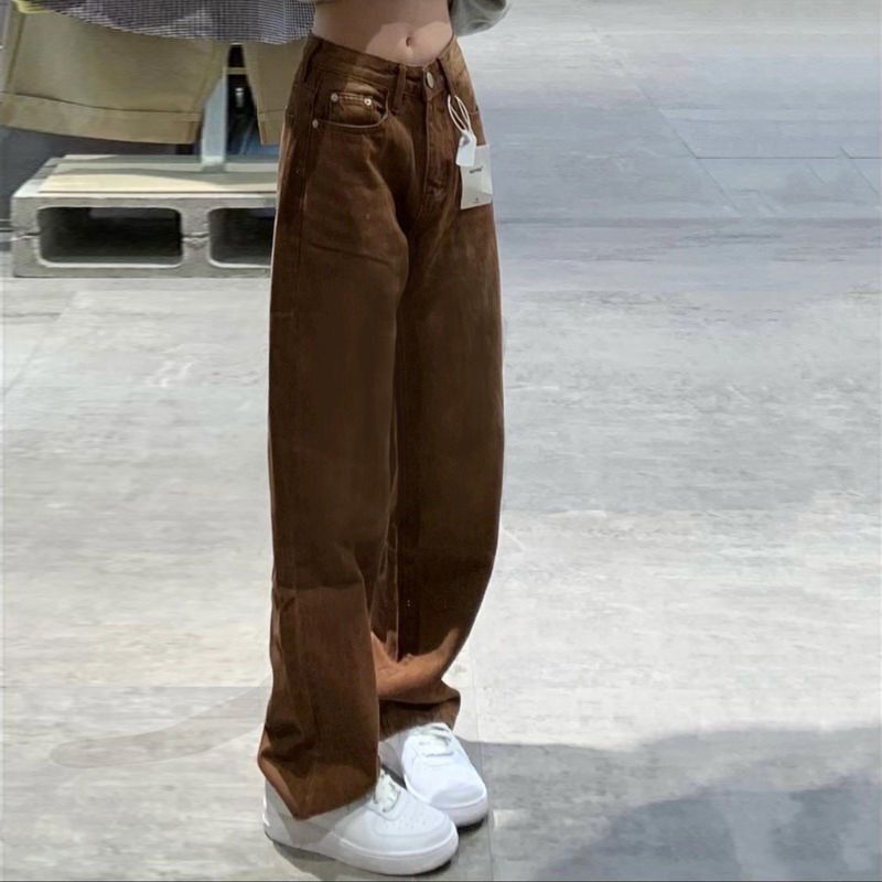 美式復古高街咖色褲子女2023秋季顯瘦百搭寬鬆直筒高腰闊腿牛仔褲