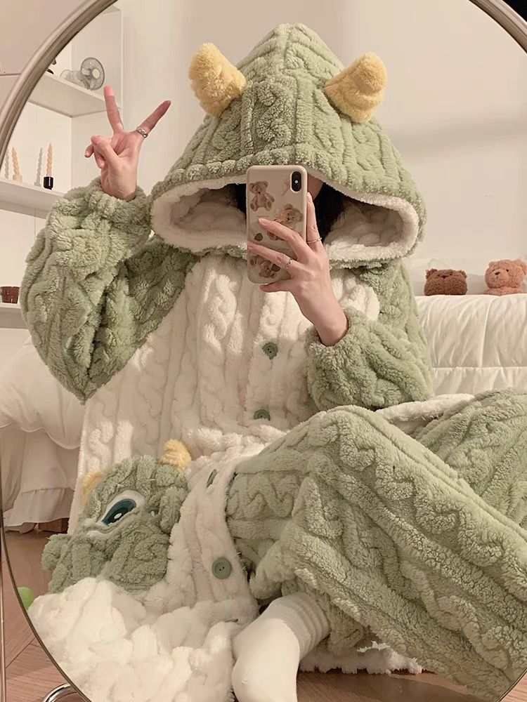 慵懶感新款睡衣法蘭絨睡袍保暖加厚加絨珊瑚絨可愛家居服套裝秋冬