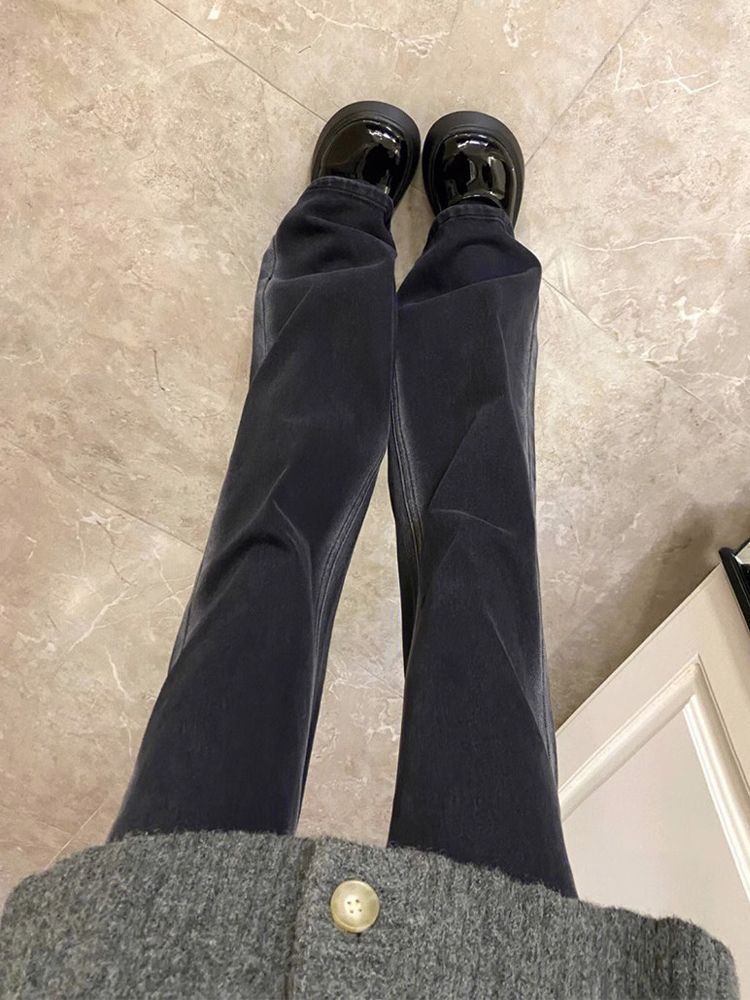 黑灰色修容微喇叭牛仔褲女秋季新款高腰修身顯瘦百搭直筒拖地褲子