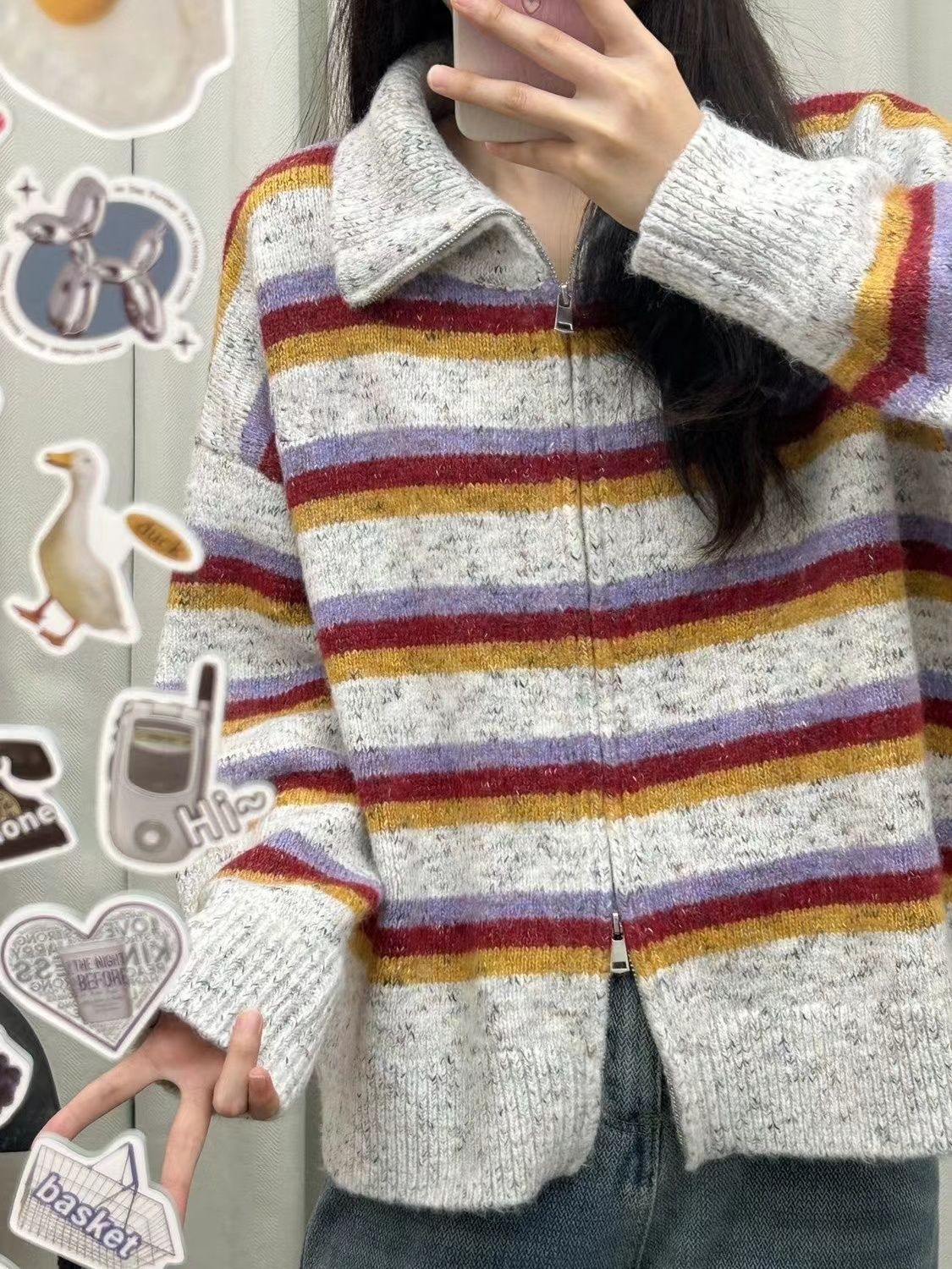 撞色條紋復古慵懶風毛衣針織衫開衫女秋季拉鏈設計感洋氣減齡外套