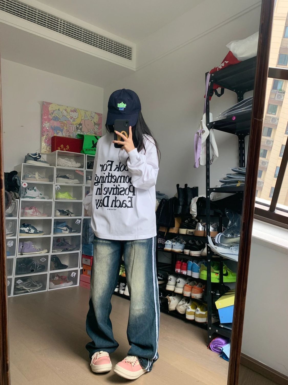 國潮美式三條槓牛仔褲女秋直筒寬鬆潮牌高街ins休閒復古水洗褲子