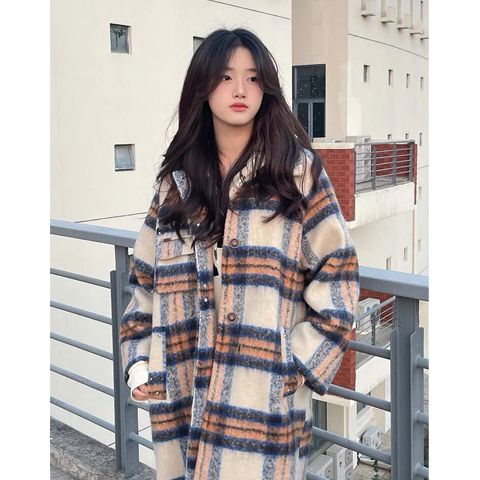 復古牛角扣格子毛呢大衣女秋冬潮牌中長款加厚高級感情侶呢子外套