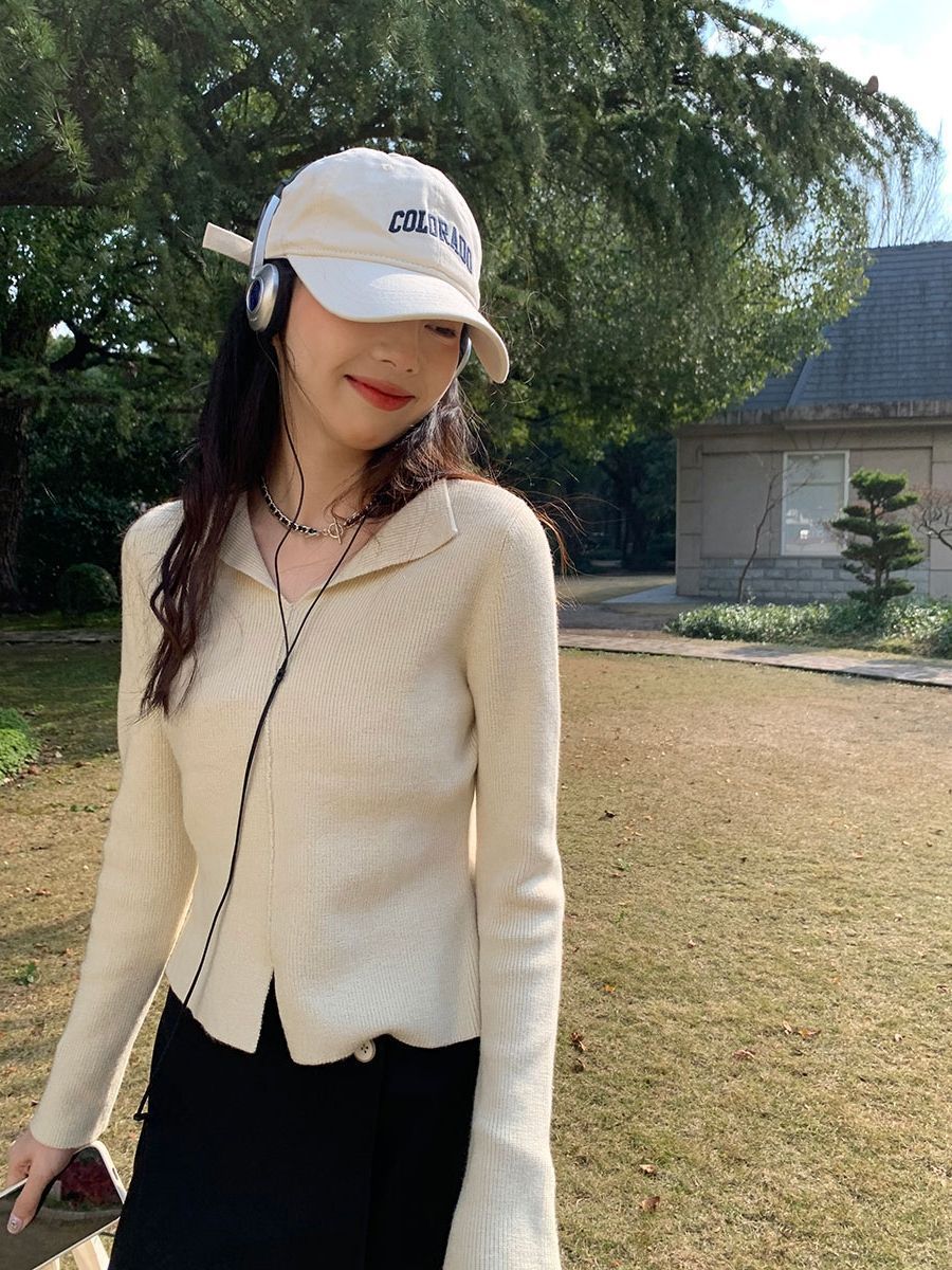 PROMONE韓范時尚小V領針織上衣顯瘦毛衣打底衫女短款2023秋季新品