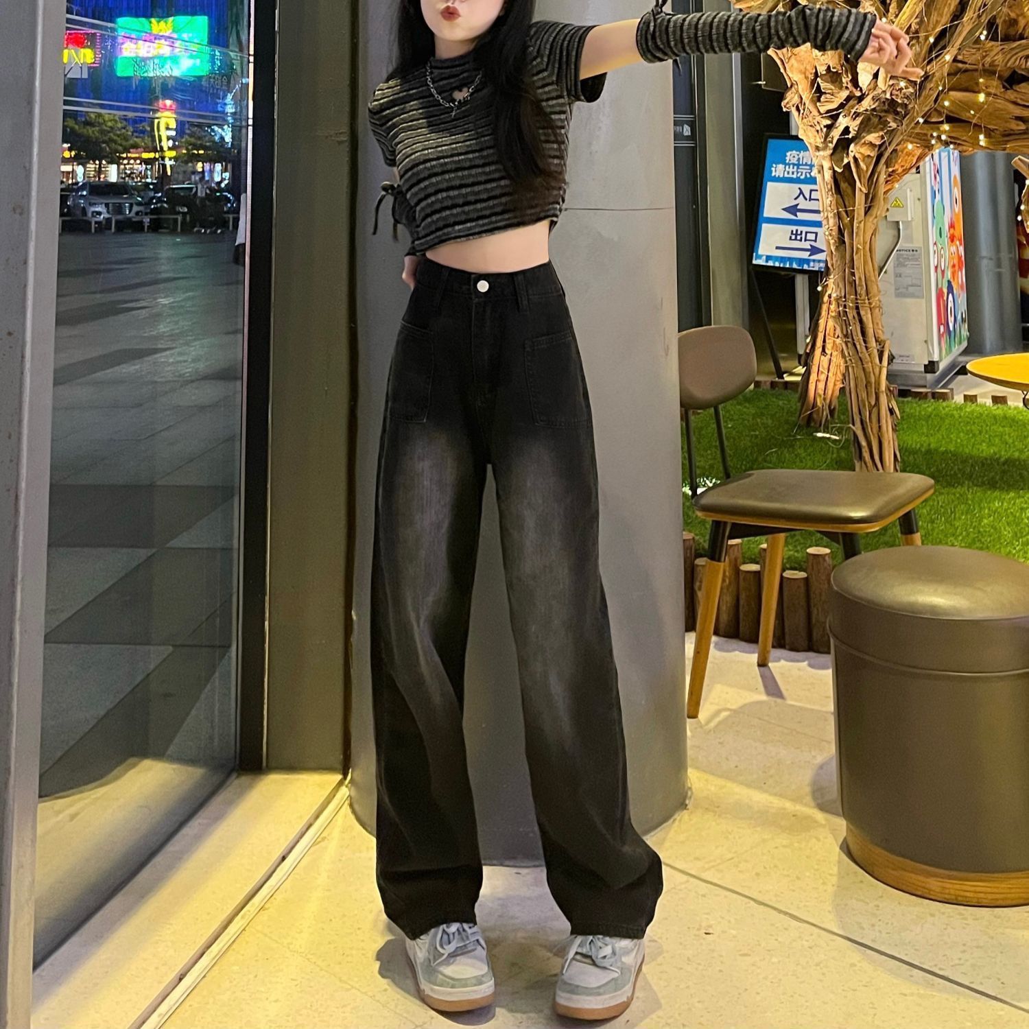 美式高街直筒牛仔褲女春秋季寬鬆高腰顯瘦百搭闊腿垂感拖地長褲子