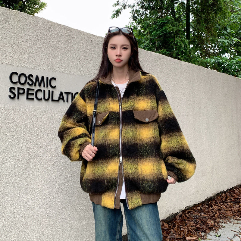 National fashion brand American high street splicing gradient plaid lapel jacket couple autumn and winter design woolen coat for women