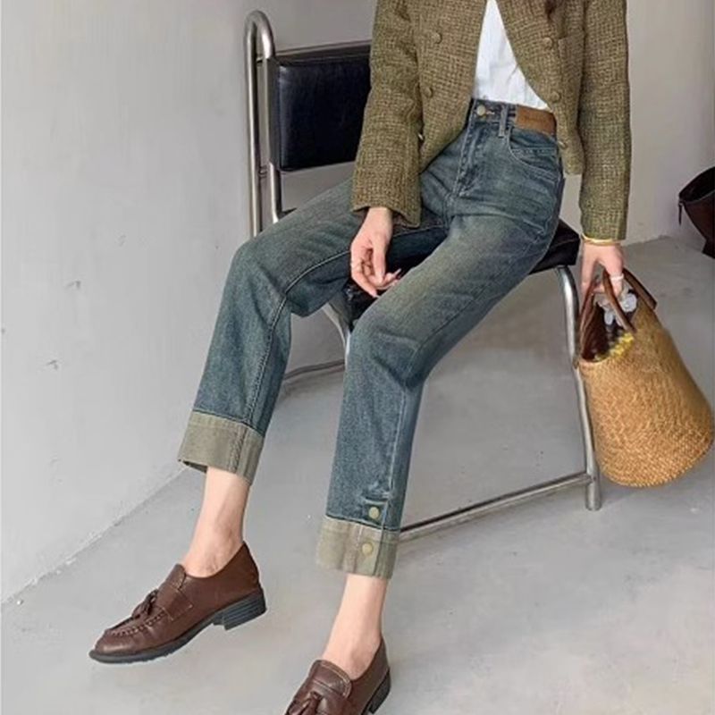 卷邊直筒牛仔褲女春秋新款胖mm大碼梨型身材高腰顯瘦遮胯煙管褲子