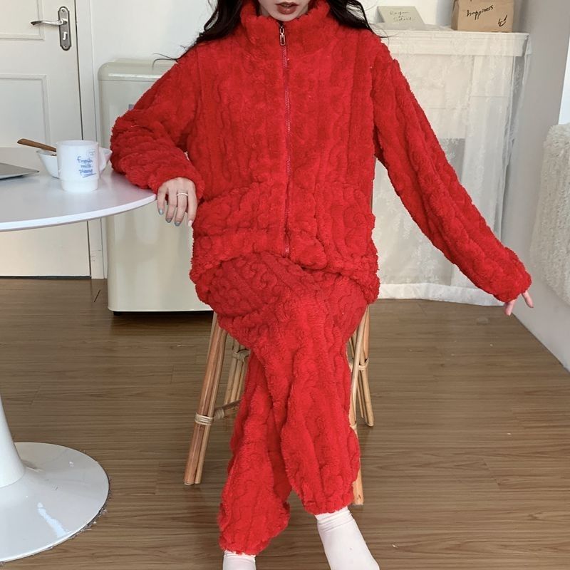 紅色珊瑚絨睡衣女新款冬季加絨加厚法蘭絨結婚秋冬款本命年家居服