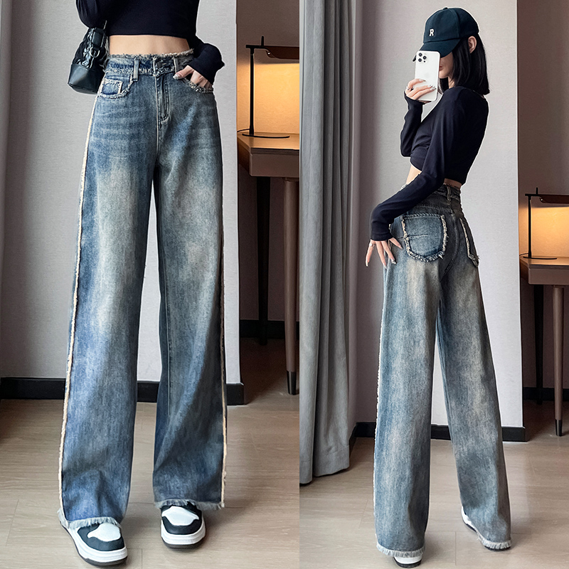 復古毛邊高腰闊腿牛仔褲女秋季2023新款直筒寬鬆高個子拖地褲子潮