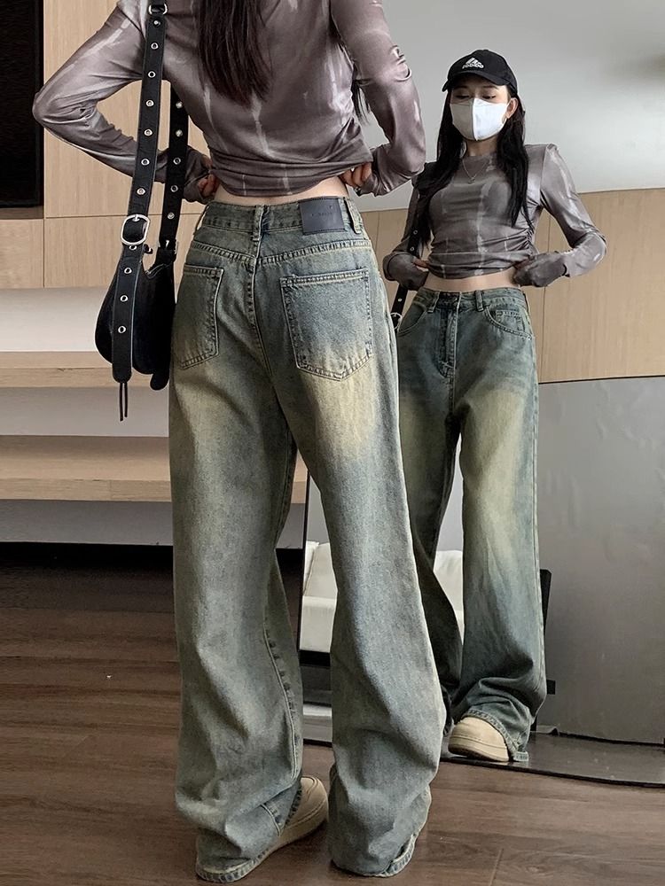 美式高街復古做舊闊腿牛仔褲女秋季新款高腰寬鬆垂感顯瘦直筒長褲