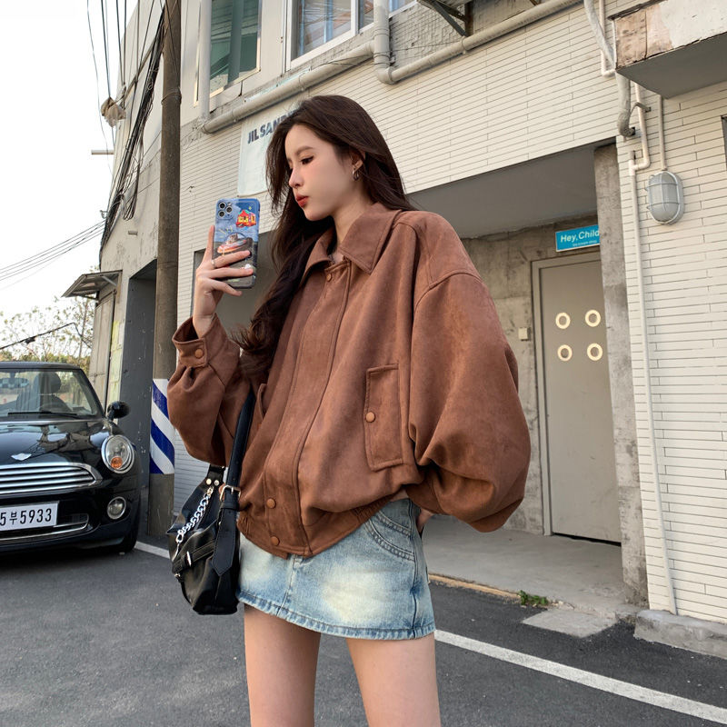 American Street Handsome Suede Short Jacket Women's  Autumn Korean Style Loose Motorcycle Jacket Trendy