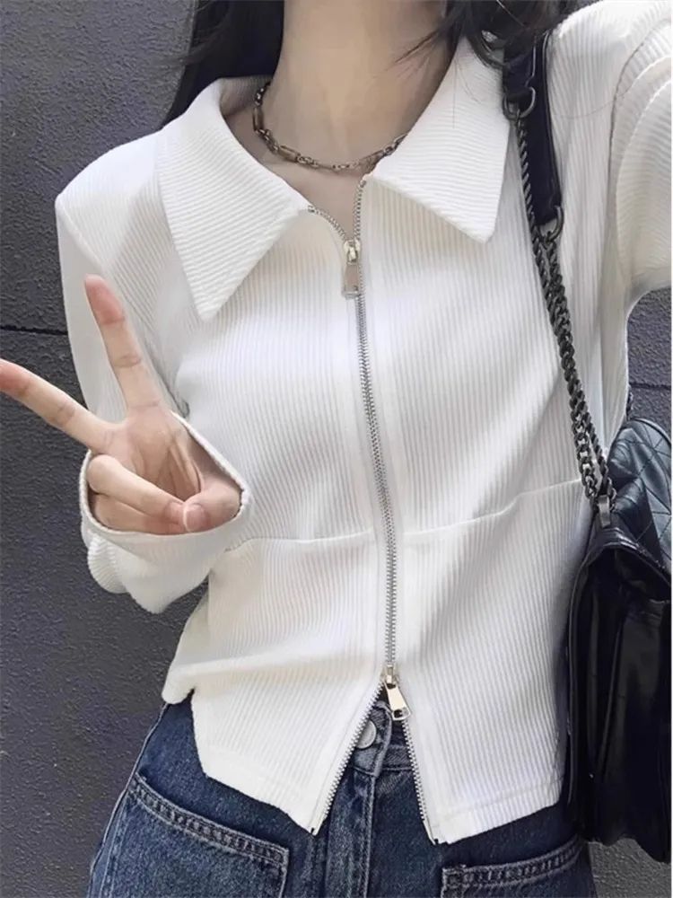 設計感雙拉鏈翻領長袖t恤女春秋新款純欲風修身顯瘦短款辣妹上衣
