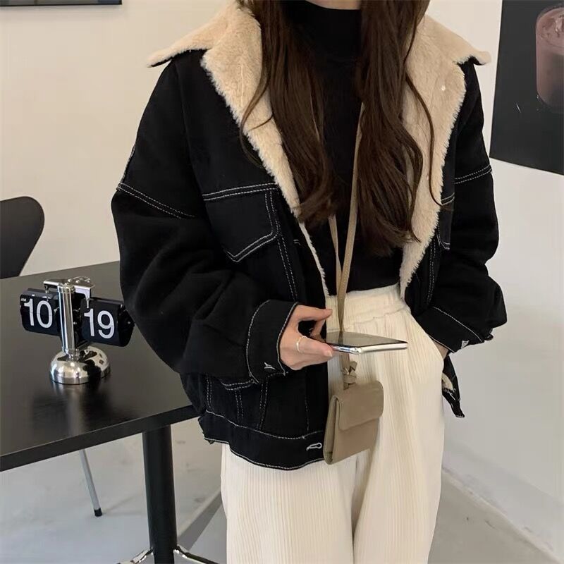 加絨加厚牛仔棉衣女士冬季2023新款寬鬆百搭懶惰風羊羔毛棉服外套