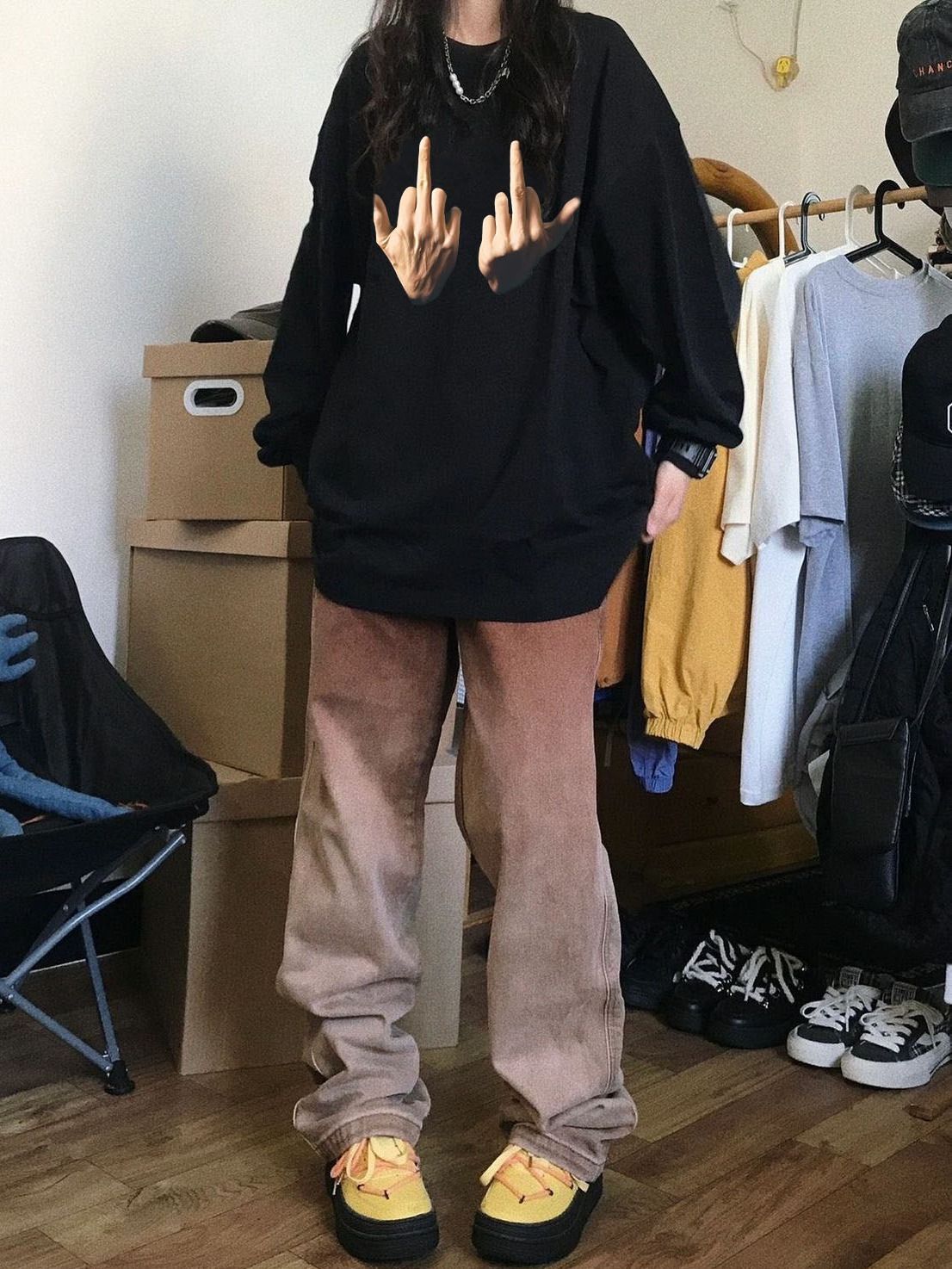 100%紡棉美式潮牌百搭黑色圓領衛衣oversize小眾設計感ins風上衣