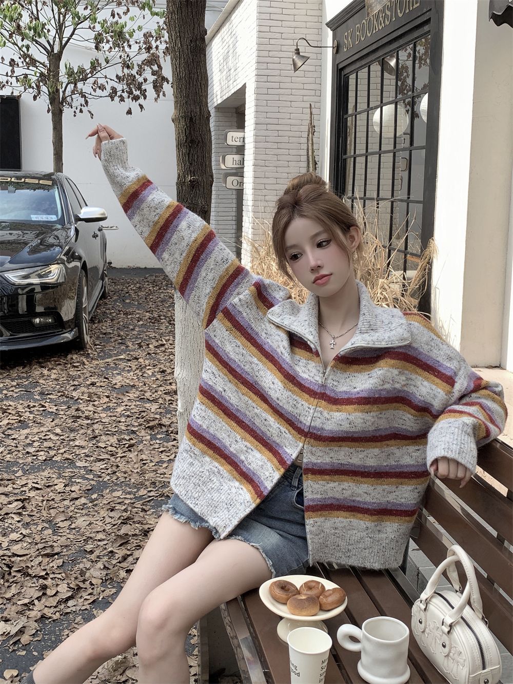 Sweater women's  autumn and winter new style American rainbow striped double-ended zipper loose slimming long-sleeved knitted cardigan