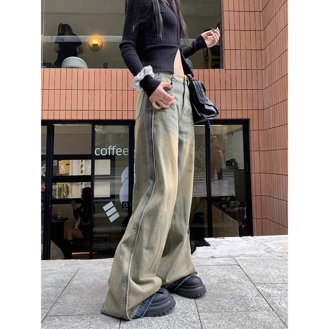 美式復古加長闊腿牛仔褲女秋季2023新款辣妹做舊寬鬆直筒拖地褲子