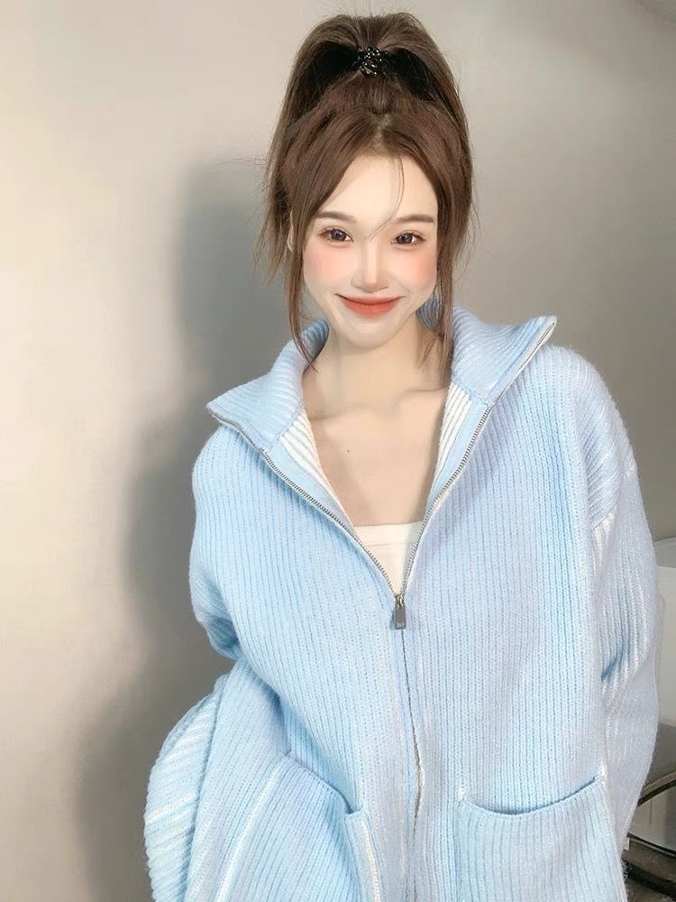 Zipper stand-up collar sweater for women 2023 new autumn and winter lazy style retro loose and versatile long-sleeved knitted cardigan jacket