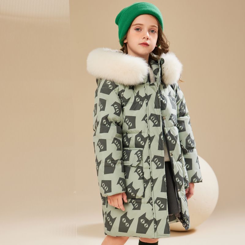 Children and girls medium-length down jacket 2023 new winter thickened cold-proof fur collar graffiti jacket for big girls
