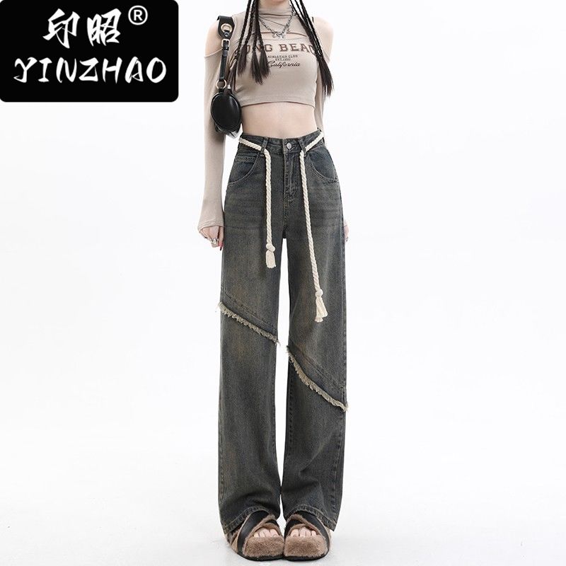【印昭YINZHAO】設計感直筒闊腿牛仔褲女高腰寬鬆拖地梨形身材褲