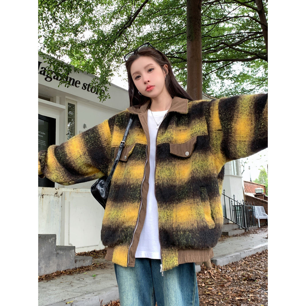 National fashion brand American high street splicing gradient plaid lapel jacket couple autumn and winter design woolen coat for women