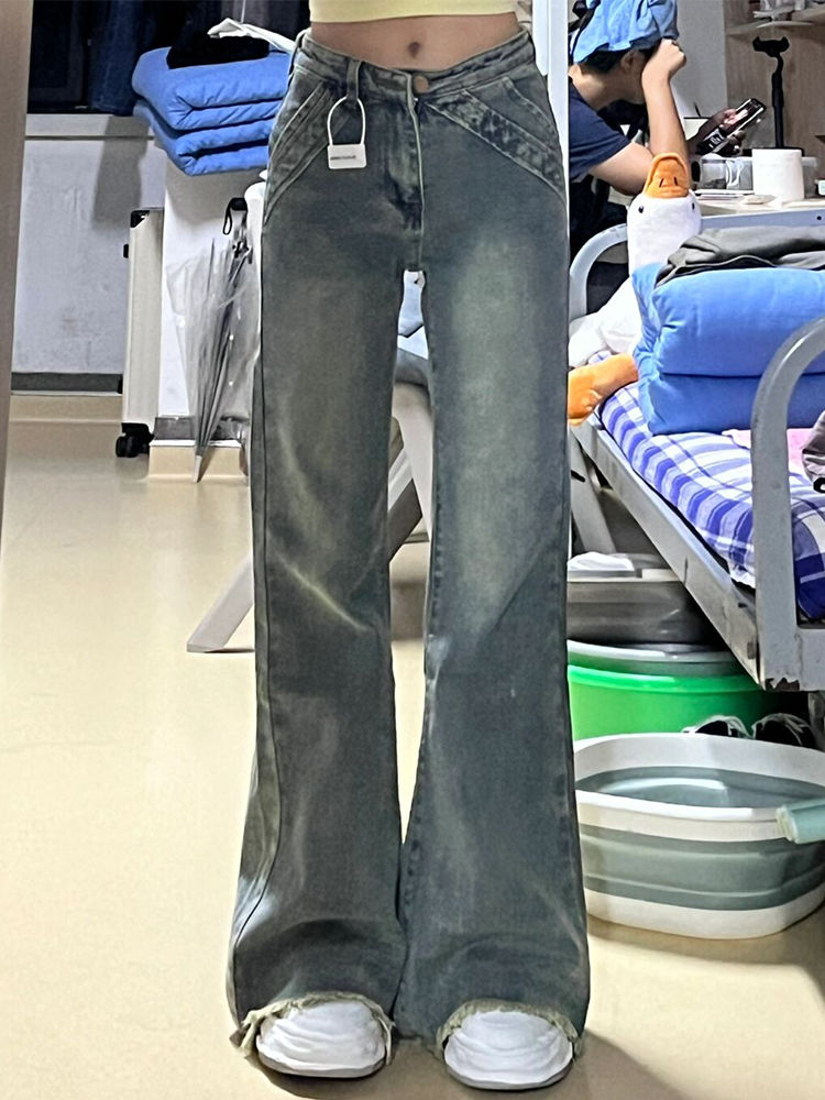 做舊微喇叭牛仔褲女秋季新款低腰寬鬆闊腿顯瘦毛邊直筒拖地褲子潮
