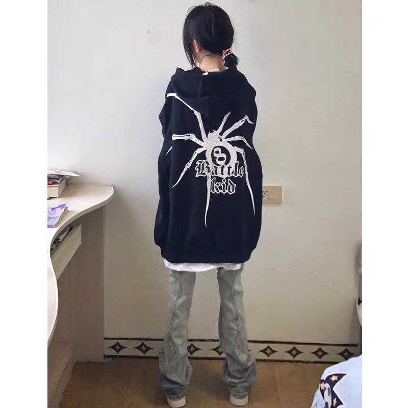 100%紡棉韓版高街百搭黑色連帽衛衣oversize小眾設計寬鬆上衣女