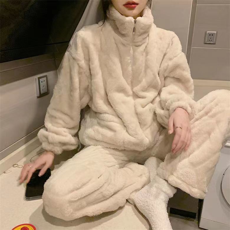 秋冬季珊瑚絨睡衣女士簡約加絨加厚純色拉鏈保暖可外穿法蘭絨套裝