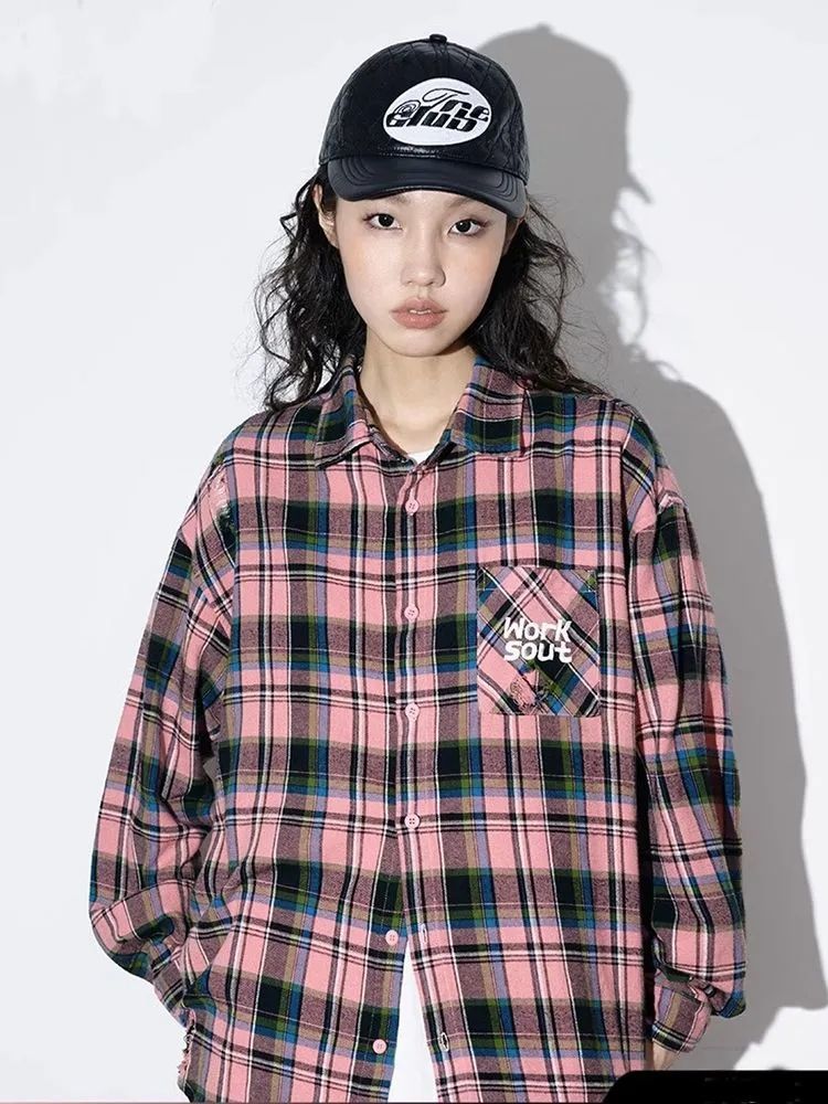 港風甜美粉色格子襯衫女秋季格紋襯衣寬鬆顯瘦大碼女裝上衣外套潮