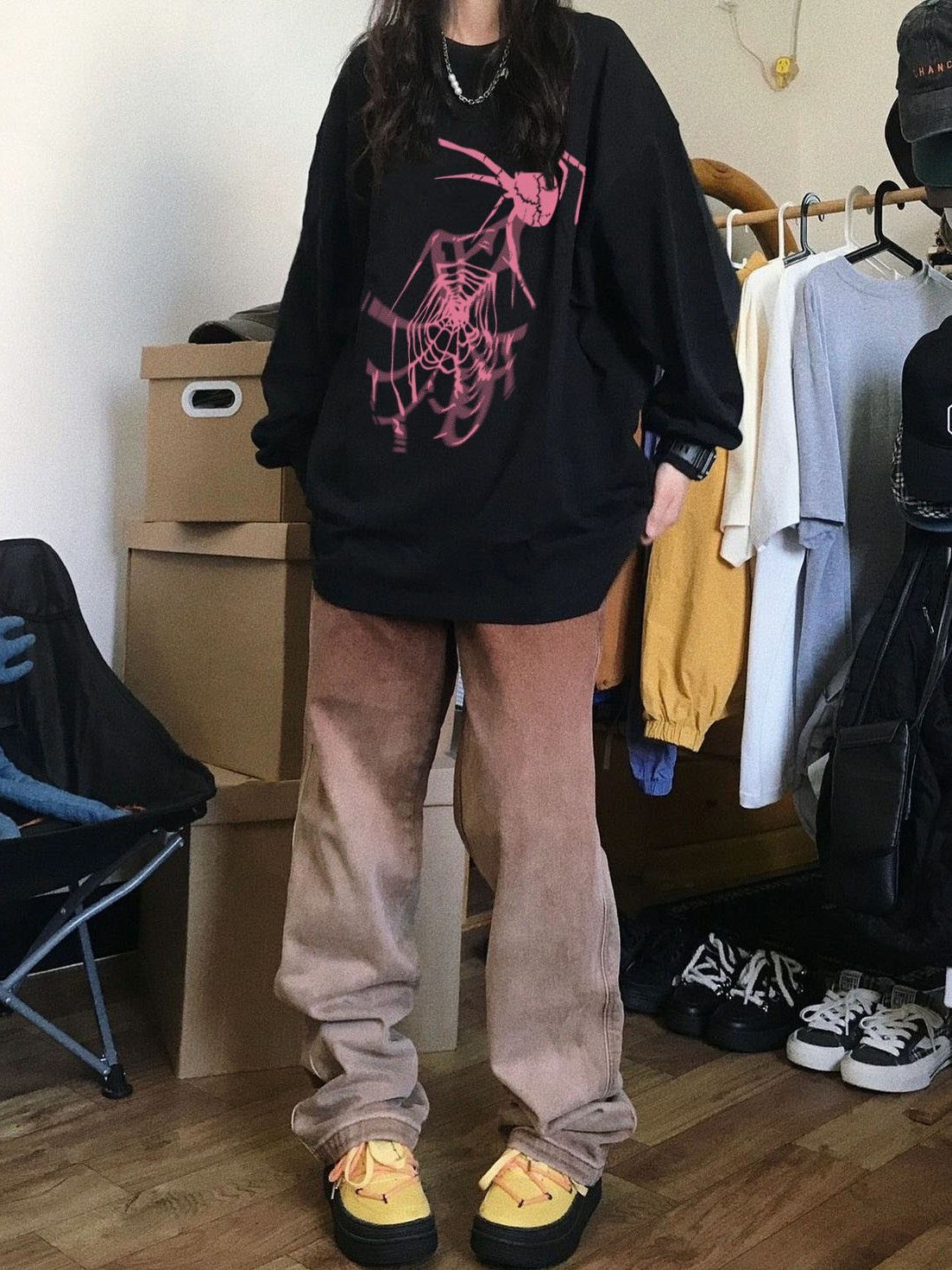 100%紡棉潮牌美式高街百搭黑色衛衣oversize小眾設計感ins風上衣