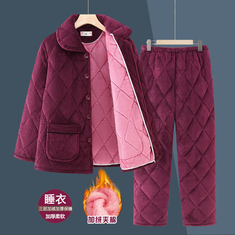 老年人冬裝睡衣女加絨加厚老太太夾棉襖媽媽家居服外穿奶奶裝套裝