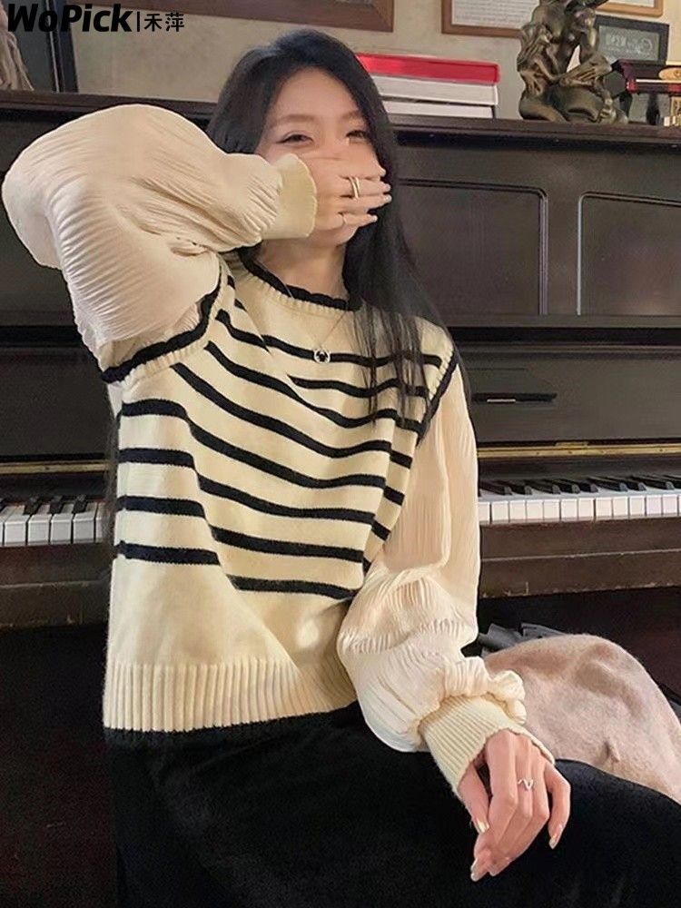 法式拼接條紋假兩件針織衫女早秋減齡顯瘦洋氣毛衣甜美泡泡袖上衣