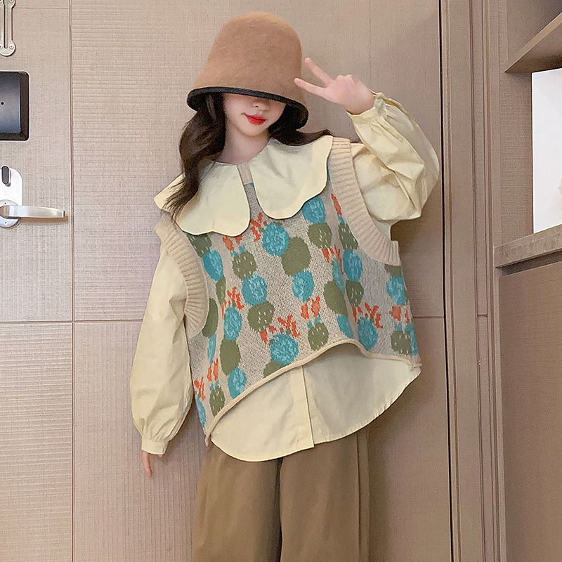 Girls Autumn Clothing Set 2023 New Children's Fashionable Children's Clothes Little Girl Internet Celebrity Spring and Autumn Vest Three-piece Set