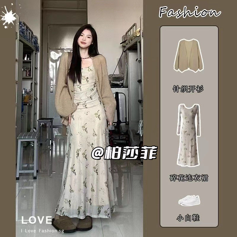 套裝女2023新款氛圍感毛衣開衫外套長袖碎花連衣裙收腰顯瘦長裙潮