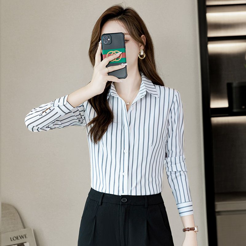 Striped shirt women's 2023 new long-sleeved hotel front desk work clothes small professional shirt pleated skirt suit