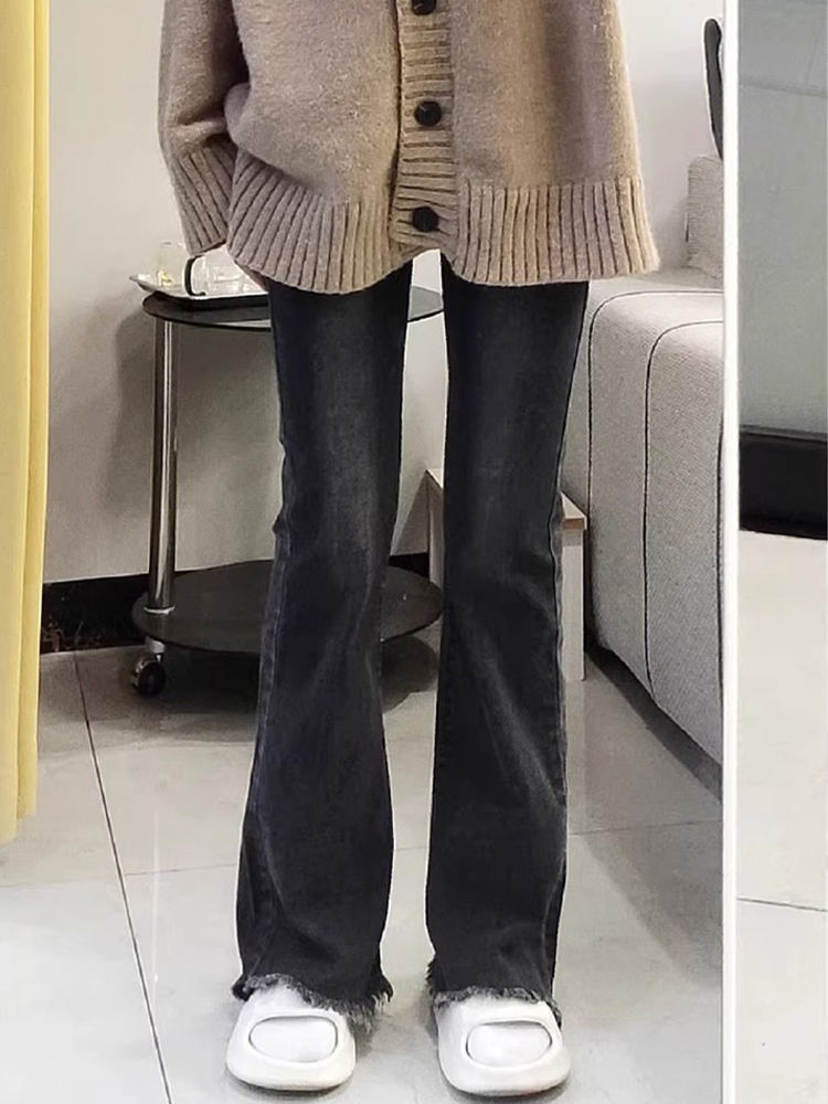 復古毛邊微喇牛仔褲女秋季新款高腰修身顯瘦百搭直筒拖地喇叭褲子
