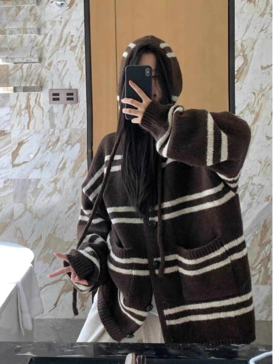連帽條紋咖色針織開衫女秋冬韓系寬鬆慵懶風大碼軟糯毛衣外套上衣