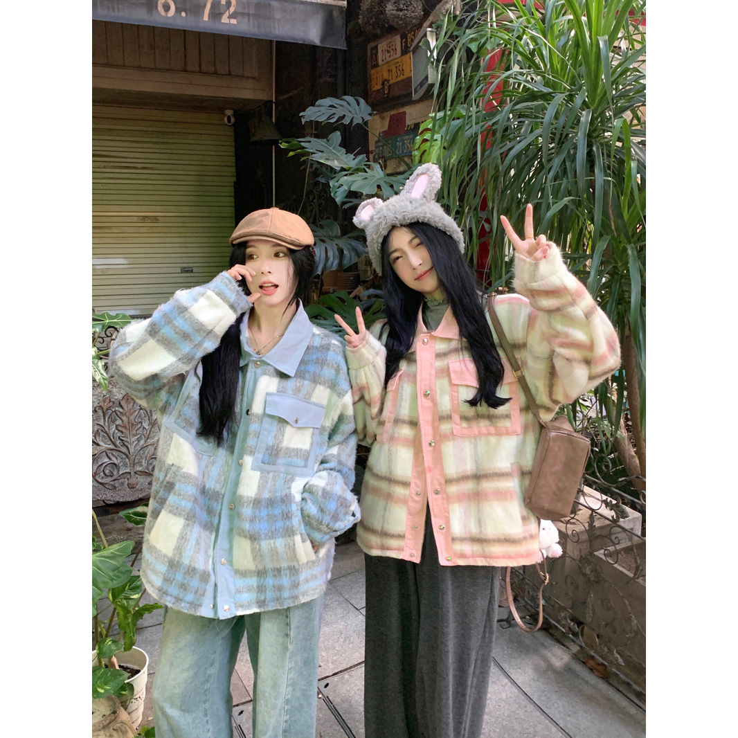 American retro plaid woolen jacket for women, autumn and winter design, high-end stitching, versatile warm jacket for girlfriends