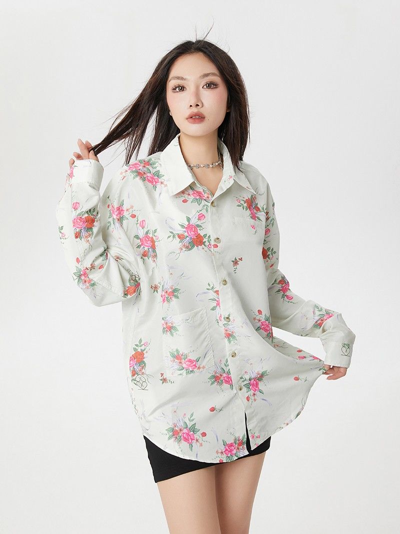 秋季女裝oversize印花長袖襯衫女外穿復古寬鬆大碼襯衣上衣女洋氣