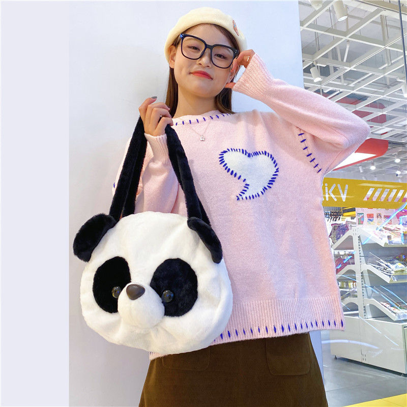 可爱卡通熊猫包包手提包大容量单肩包毛绒少女包日系冬季新款
