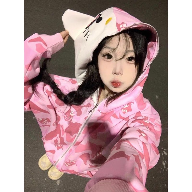 美式復古滿印卡通貓咪連帽衛衣女寬鬆hiphop慵懶風加絨開衫外套潮