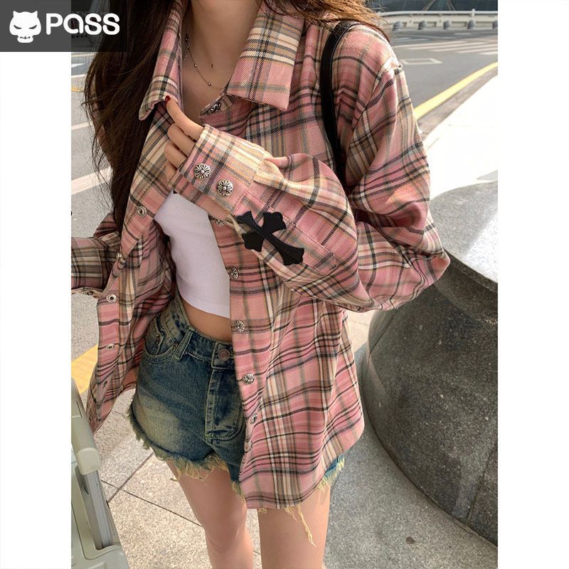 大碼秋冬新款法式少女粉色格子長袖寬鬆十字架襯衫上衣百搭外套女