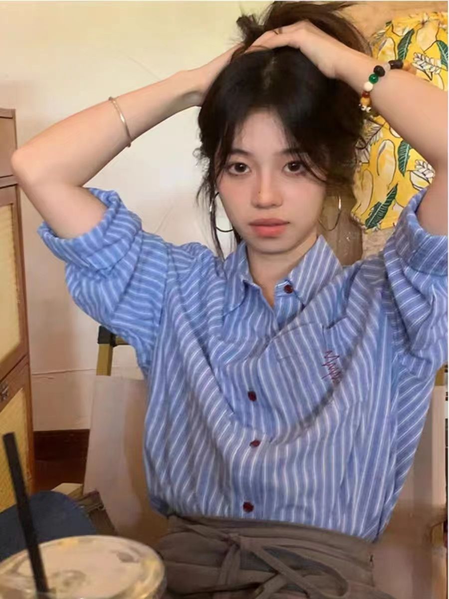 藍色polo領條紋襯衫秋季2023新款女裝設計感小眾韓版寬鬆長袖上衣