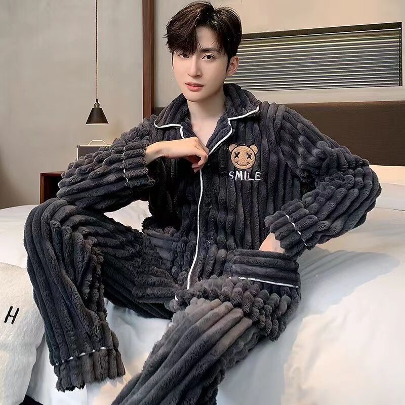 睡衣男冬季加厚珊瑚絨青少年保暖加絨寬鬆休閒加肥加大家居服套裝