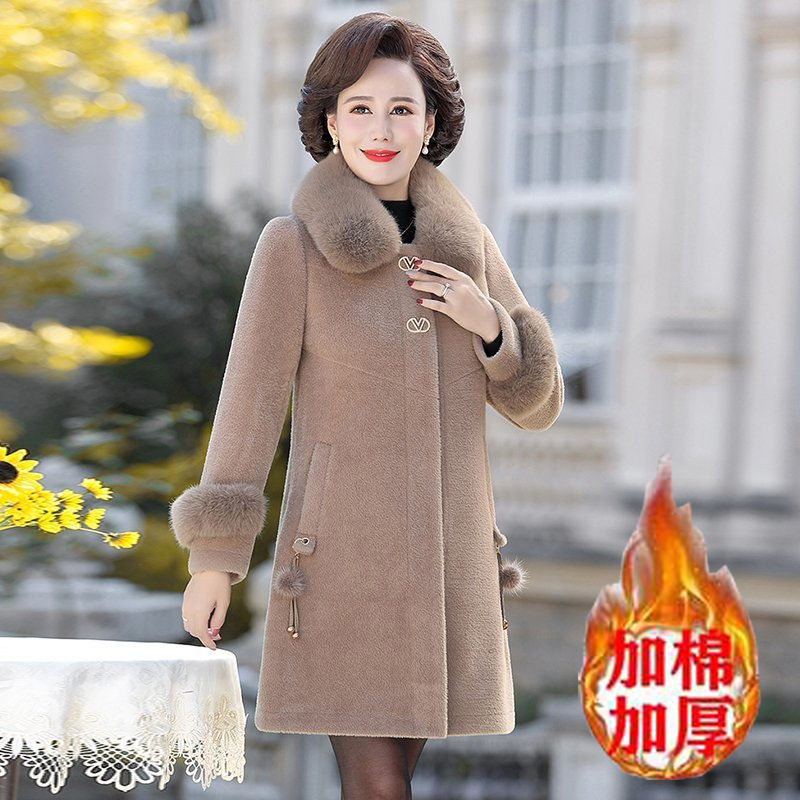 媽媽冬裝皮毛一體大衣中長款加棉加厚棉衣中老年女秋冬水貂絨外套