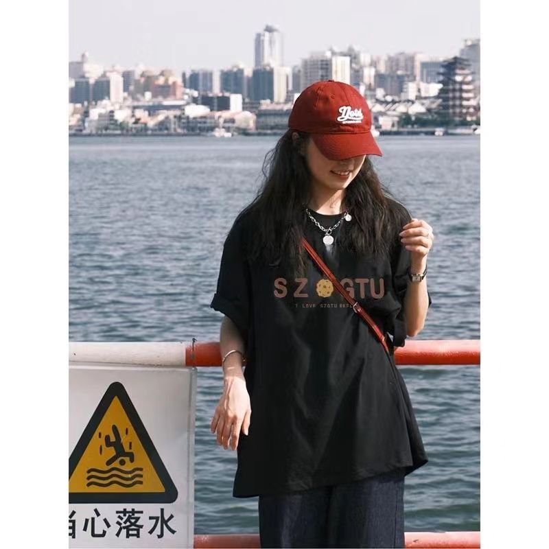 100%純棉夏季歐美街頭字母印花黑色短袖t恤女學生ins潮流寬鬆上衣