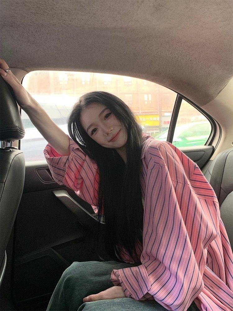 秋季女裝長袖條紋襯衫女外穿內搭寬鬆胖mm大碼顯瘦純欲風襯衣上衣