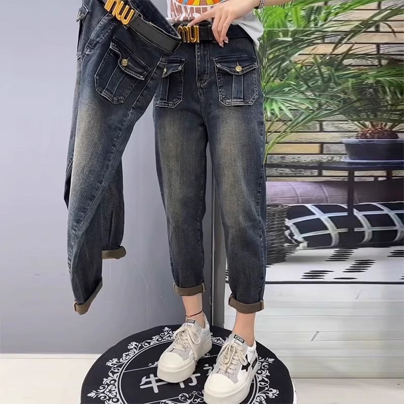 2023年秋季新款哈倫牛仔褲女大碼梨形身材高腰顯瘦九分蘿蔔老爹褲